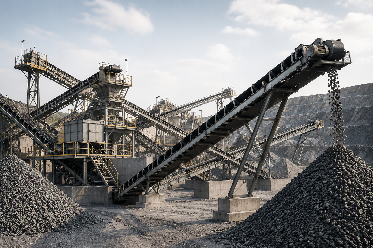 Planta de mineração com correias transportadoras e pilhas de material