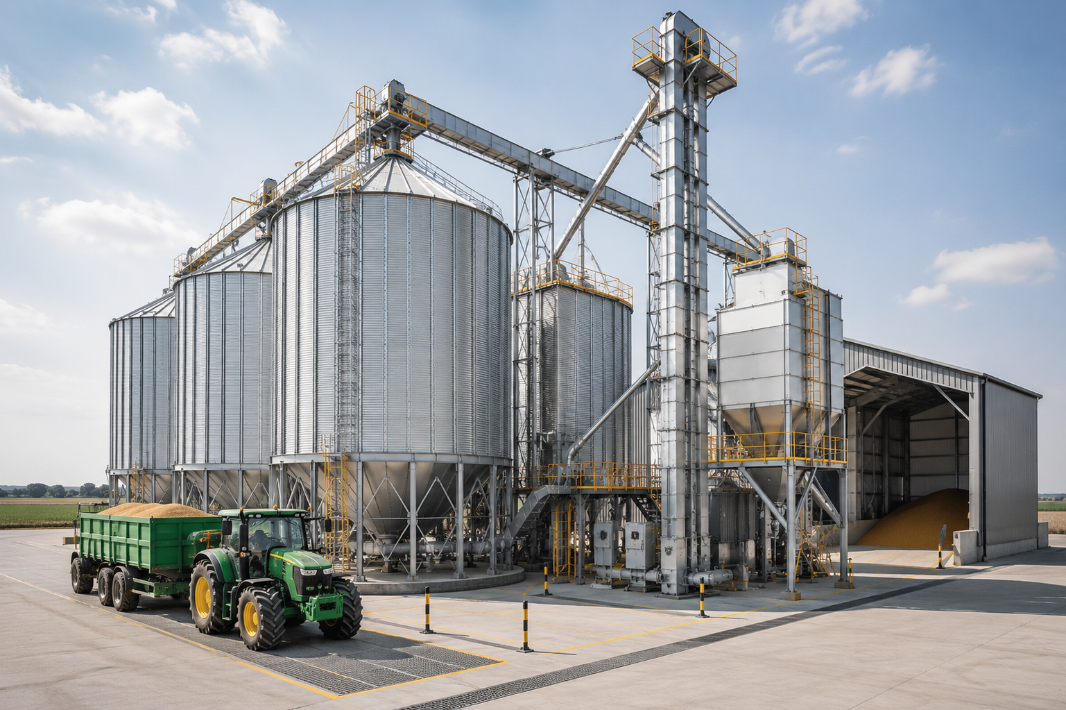 Complexo de armazenagem agrícola com silos metálicos e trator