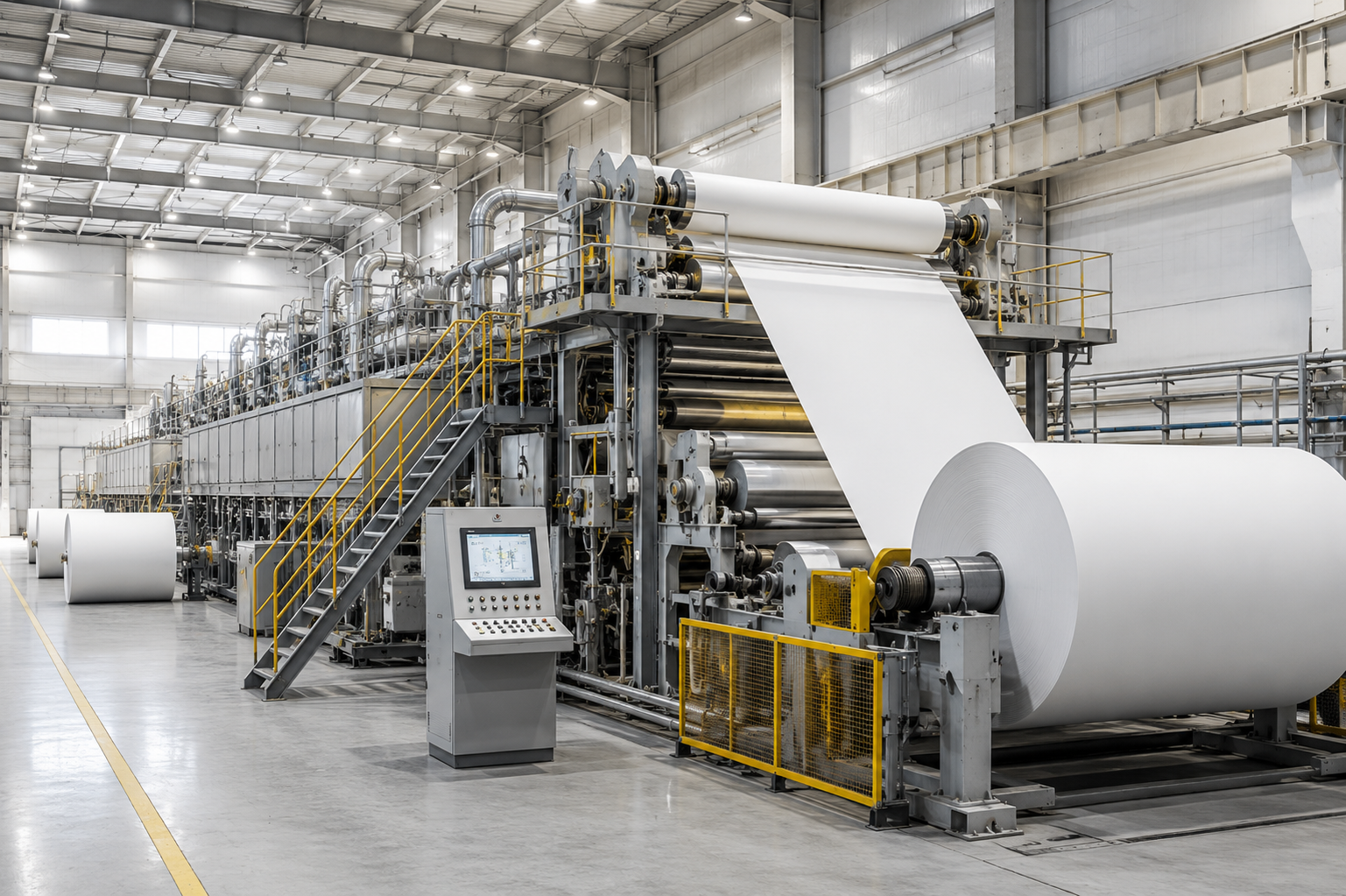 Linha industrial de papel e celulose com grandes rolos de papel