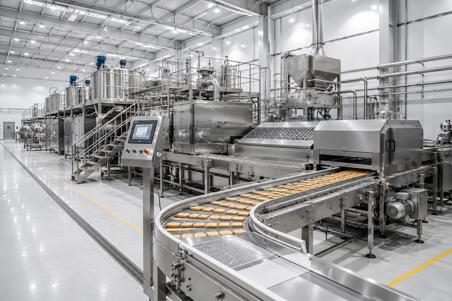 Linha industrial alimentícia com esteira transportando produtos