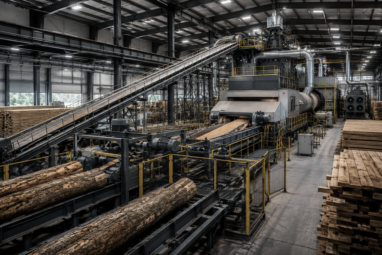 Serraria industrial moderna com transportadores de toras e secadores
