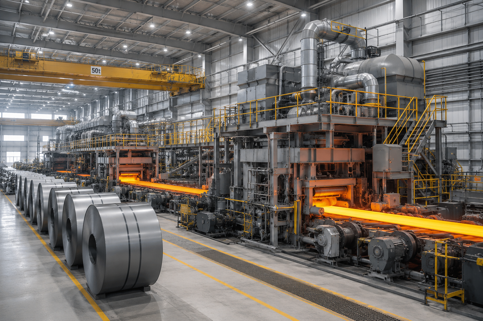 Linha siderúrgica industrial com aço aquecido e bobinas metálicas
