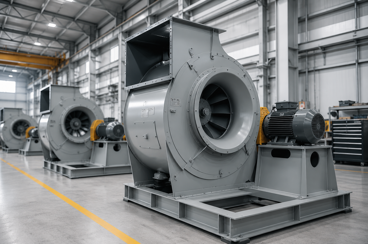 Ventiladores industriais de grande porte em ambiente fabril