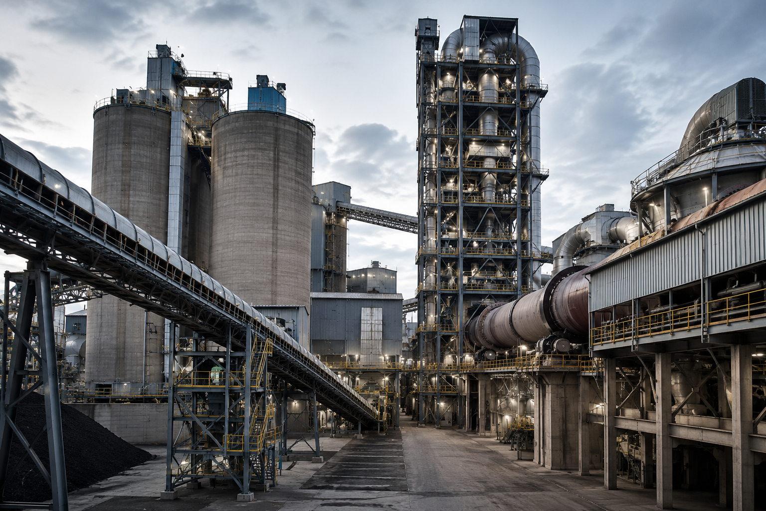 Planta industrial de cimento moderna com silos, correias transportadoras e moinhos